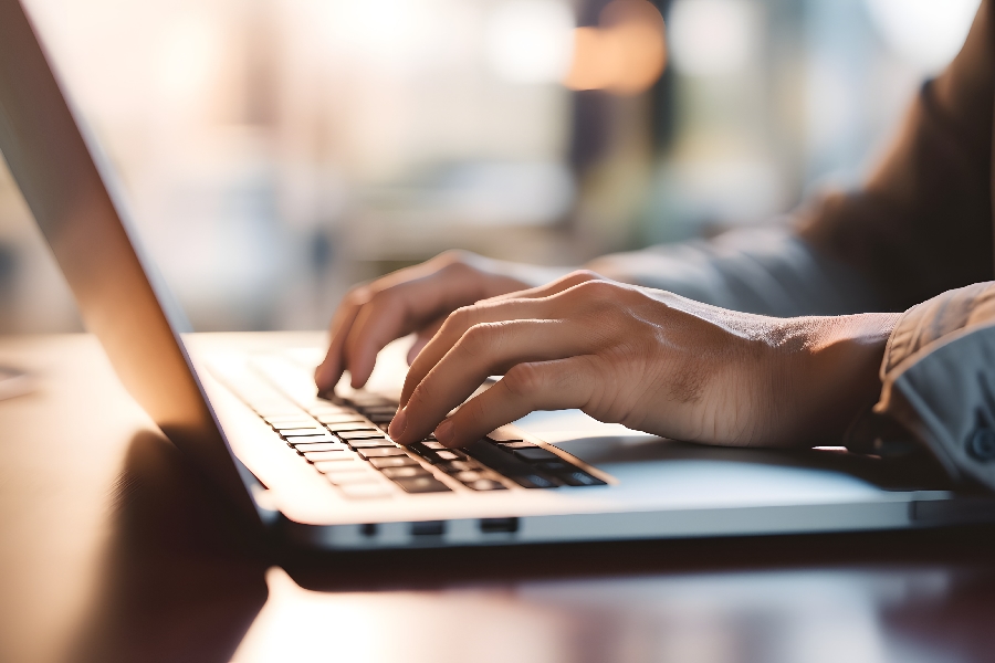 A closeup of hands on a laptop